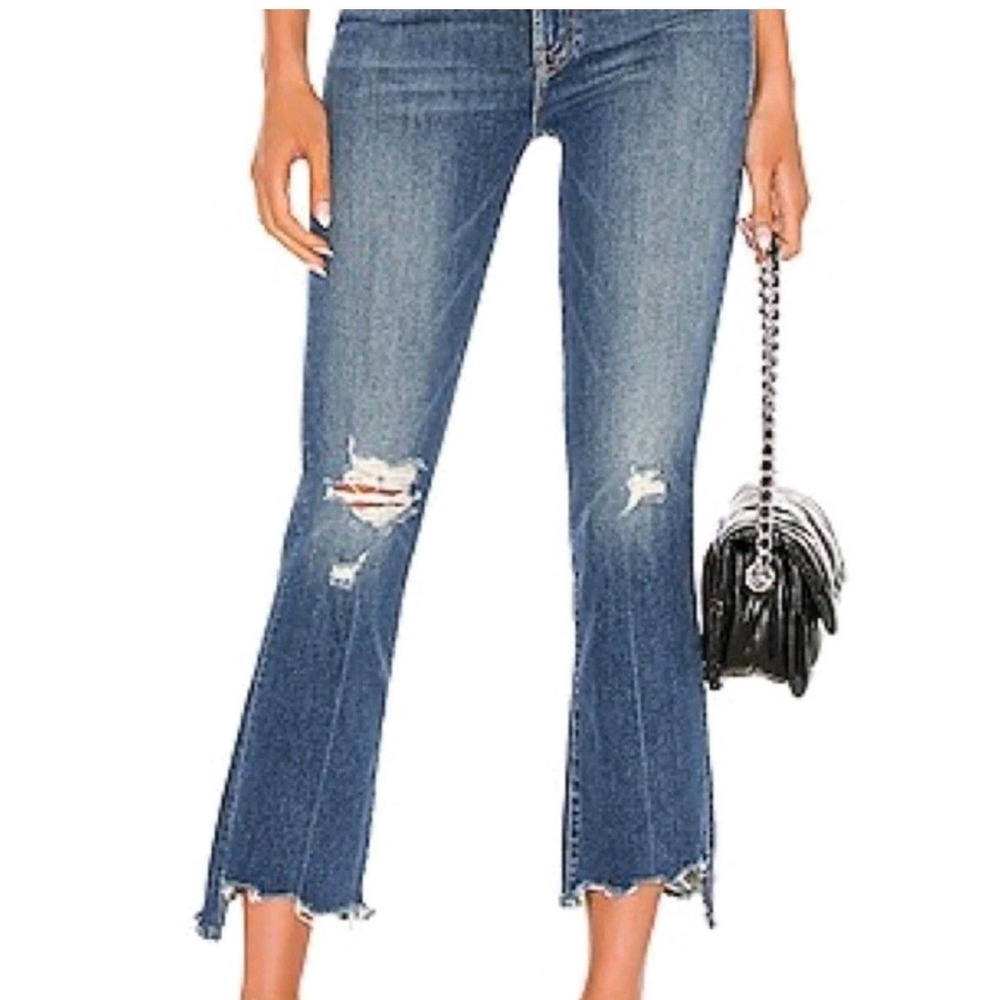 MOTHER Blue Distressed Cropped Flare Jeans